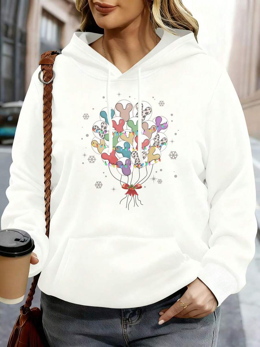 Disney Women Hoodie White Mickey Mouse Balloons Print Casual Streetwear For Daily Wear And Outings - trắng - Xem 1