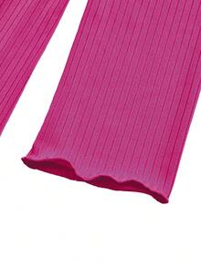 UREREM 210g Vestido de manga larga ajustado con cuello cuadrado, de punto acanalado y cordón lateral en color liso suave - Rosa Fucsia - Ver 6