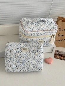 1件/套 灯芯绒蓝色碎花印花多功能旅行女孩洗漱化妆品收纳包，带拉链，女士便携大容量柔软化妆包，适合旅行、宿舍、居家使用，可收纳洗面奶、牙膏、口红、化妆刷和小物件，是送给妈妈和老师的完美礼物，也是生日礼物、婚礼纪念品、假日旅行必备收纳包的理想之选。