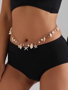 1pc Bohemian Style Beach Shell Necklace, Faux Pearl & Starfish Pendant, Vintage Waist Chain For Women