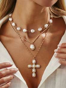 3-5件套波西米亚风镀金多层项链，仿珍珠夸张长项链，巴洛克风格仿珍珠项链，复古项链，适合派对、日常佩戴、度假，女士礼物 - 彩色 - 查看 4