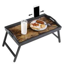 SONGMICS Mesa de Noche con Patas Plegables de bambú, Bandeja de Desayuno para sofá, marrón rústico - Marrón - Ver 7