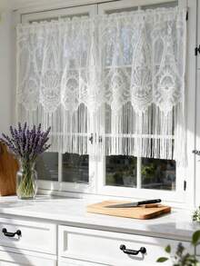 1pc White Lace Curtain With Long Tassels, Floral Embroidery Pattern, Princess Style, Sheer Short Cafe Curtain, Suitable For Kitchen, Bathroom, Bedroom Doorway, Rod Pocket Top - White - View 8