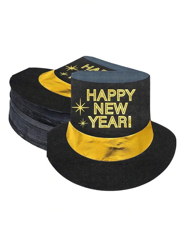 20pcs/40pcs/100pcs Happy New Year Napkins 2026 Hat Shaped Disposable Black And Gold Cocktail Tissue New Years Eve Party Supplies New Year Decorative Paper Napkins For 2026 Chinese Year's Party Celebration Decor