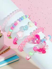 5pcs/Set Girls' Butterfly & Heart Charm Beaded Bracelet Jewelry Set, Random Color, Children Gift