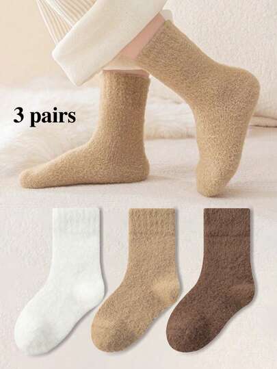 3 Paar dicke Kindersocken für Herbst und Winter, einfarbige Bodensocken, Mädchen-Socken für Herbst und Winter, Jungen-Socken, Weiß, Braun, Kaffee Socken
