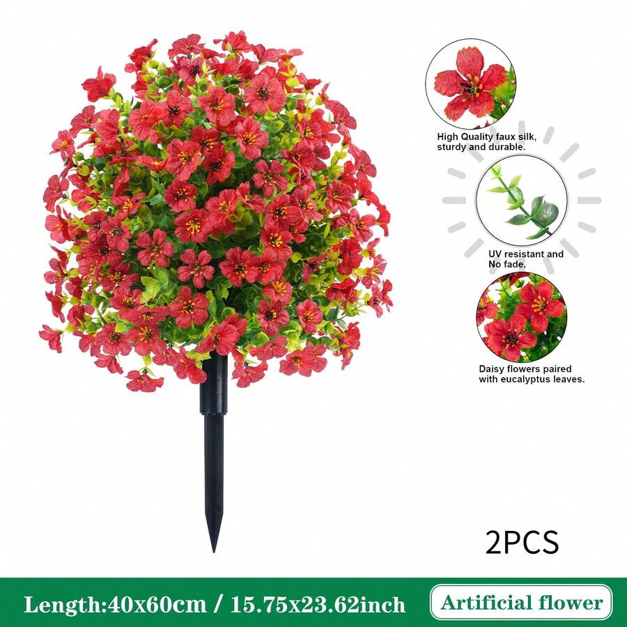 2PCS Artificial Eucalyptus Violet Ground Stakes Flowers, UV Resistant Faux Silk Plants For Spring Summer Garden, Patio, Home Decor, Lifelike Greenery Bouquet - 紅色 - 查看 1