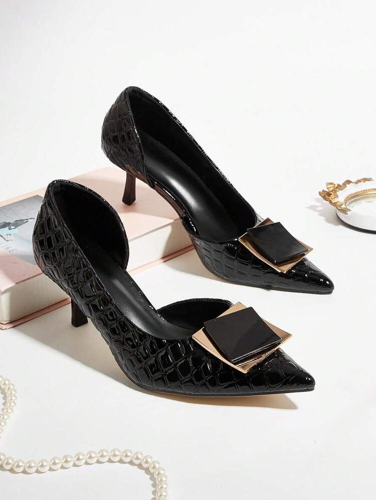 2025 Nieuwe minimalistische elegante pumps met vierkante gesp en spitse neus voor dames, effen kleur, lente/zomer - Zwart - Bekijken 1