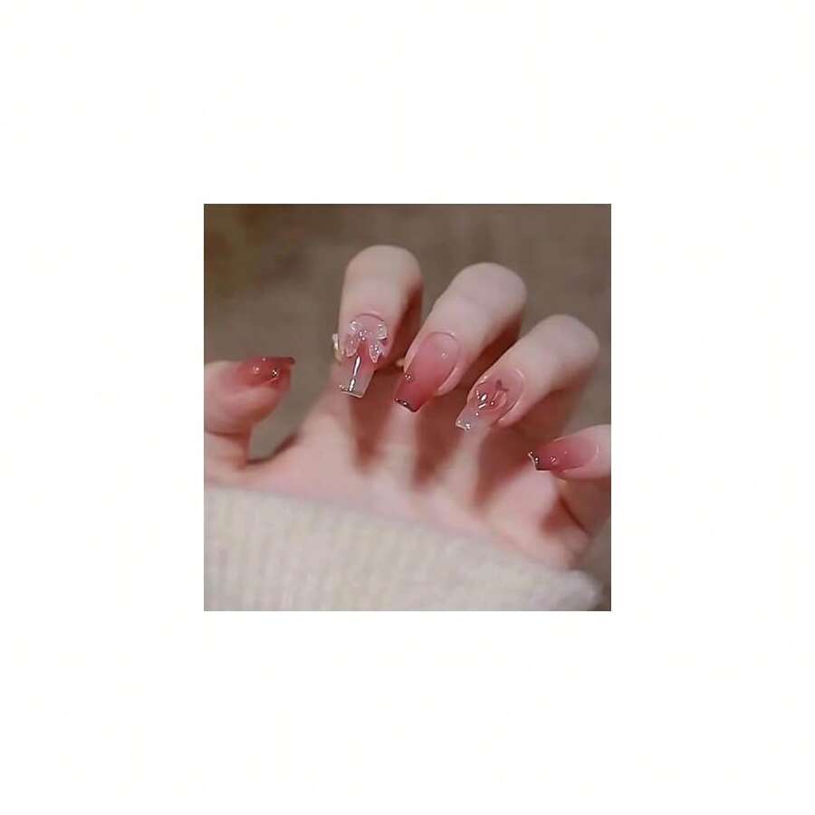 Pink Butterfly Press On Nails Cute Coffin Medium Fake Nails Tips Full Cover Gradient False Nails For Women And FFgirls 24PCS{Inchcolor_nameinch:InchNails-02inch} - 指甲-02 - 查看 1