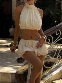 Womens Cream Halter Neck Crop Top  Mini Culottes Set - Lightweight Gauze Fabric Stylish Design, Perfect For Beach, Poolside, Or Casual Outings - Màu be - Xem 3