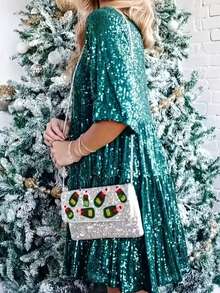 女士亮片装饰圆领七分袖宽松娃娃裙，优雅夏季款 - 綠色 - 查看 4