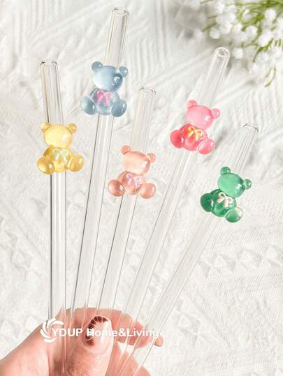 1Pc/1Set Colorful Decorations Reusable Glass Straws With Bear Stuff, Cute Bent And Clear Party Drinking Straw With Cleaning Brush, For Kitchen, Water Cup, Home, Funny Gift, Cold Drinks, Cutlery Set, Straw Topper, Milk Tea, Coffee, Juice, Smoothies, Kitchens, Restaurants, Cocktail Parties, Back-To-School, Gifts For Girlfriends/Boyfriends, Parents, Friends, Holiday Supplies.