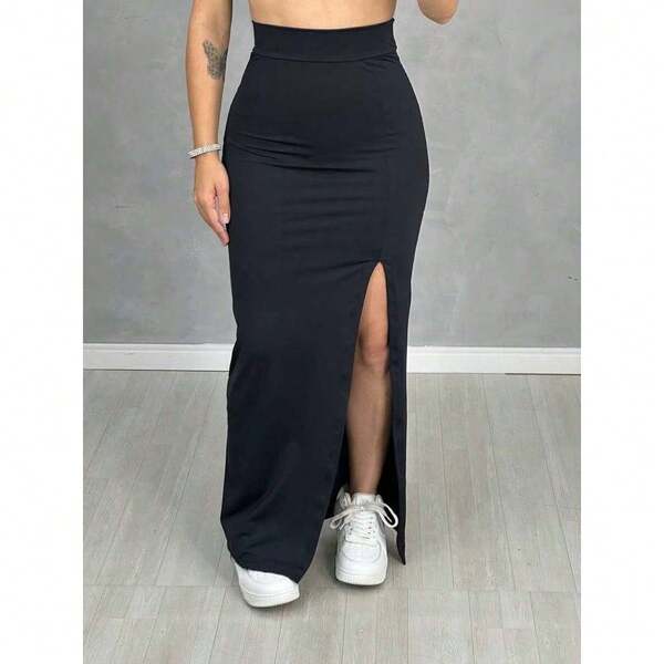 Saia De Cintura Alta Longa Com Fenda Lateral Midi Moda