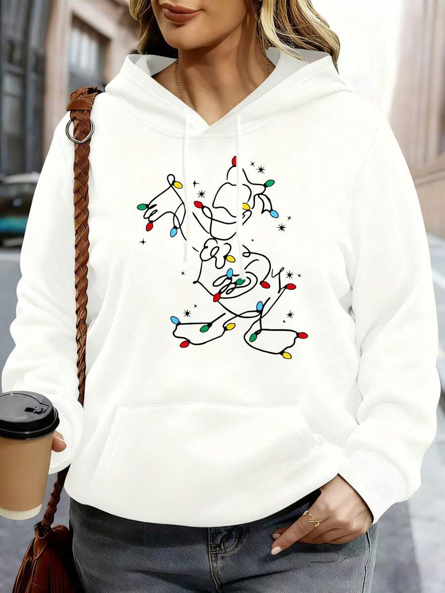 Disney Hoodie White Mickey Mouse Christmas Lights Print Casual Winter Outfit - 白色 - 查看 1