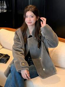 Elegant Winter Women Coat Fashion Grey Fuzzy Coats Chic Party Prom Fluffy Fur Jackets Long Sleeve Fur Jacket Female New Streetwear Going Out Tops With Pocket Warm Thick Halloween Christmas New Year Clothes Thanksgiving Outfit