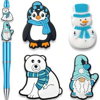 1Set Winter Theme Cute Animal Focus Beads For Pens, Cartoon Penguin Polar Bear Silicone Focus Beads For DIY Beaded Pen Keychain Jewelry Making, (Pen Included)