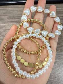 Mydear 5pcs/Set Fashionable & Elegant Faux Pearl Heart Beaded Bracelet Set, Suitable For Women's Daily Wear - Yellow Gold - View 8