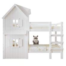 Children's Bunk Bed 90x200 Cm, Design With Windows And Roof, Side Rails And Straight 3-Step Ladder, Stabilized Slatted Base, Pine, MDF And Plywood Frame, White - White - View 11