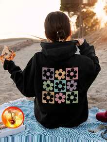 1 pieza Sudadera con capucha informal estampada para niñas preadolescentes, forro térmico cálido, parte superior suelta, colores vibrantes para traer alegría y felicidad, adecuada para estudiantes y adolescentes jóvenes, otoño/invierno