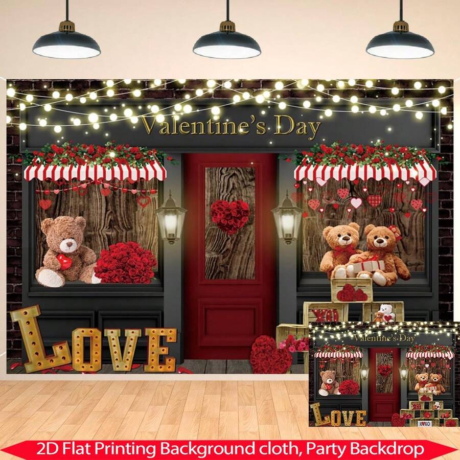 1pc Valentine's Day Shop Love Photography Background Banner, Retro Valentine's Day Red Rose Shop Bear Design, Polyester Material, For Valentine's Day, Wedding, Birthday, Bridal Shower Decoration Banner, Party Decorations, Holiday Party Event Decoration, Indoor And Outdoor Garden Party, Outdoor Banner, Lightweight And Easy To Install, Hanging Decoration - Multicolor - View 1
