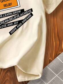 Áo thun ngắn tay cổ tròn in khẩu hiệu dành cho bé trai, kiểu dáng thường ngày, đa năng. - Màu be - Xem 4