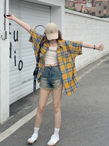 复古美式小众设计女式短袖格子衬衫，轻盈夏季防晒夹克，宽松百搭小码衬衫 - 黃色 - 查看 9