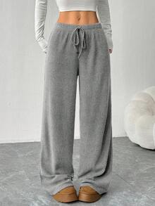 Plus Size Solid Color Warm Fleece Feeling Wide Leg Straight Pants, Loose Casual Long Trousers For Women, Suitable For Daily Wear & Home, Autumn/Winter - Silver - View 5