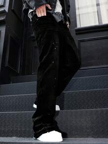 Slim Fit Stretch Denim Jeans, Distressed Washed Cotton Jeans, Versatile & Fashionable; Washed Denim Jeans With Slant Pockets, Lightweight Business Casual, Versatile; Straight Leg Casual Pants With Button & Zipper, Suitable For All Seasons - Black - View 3