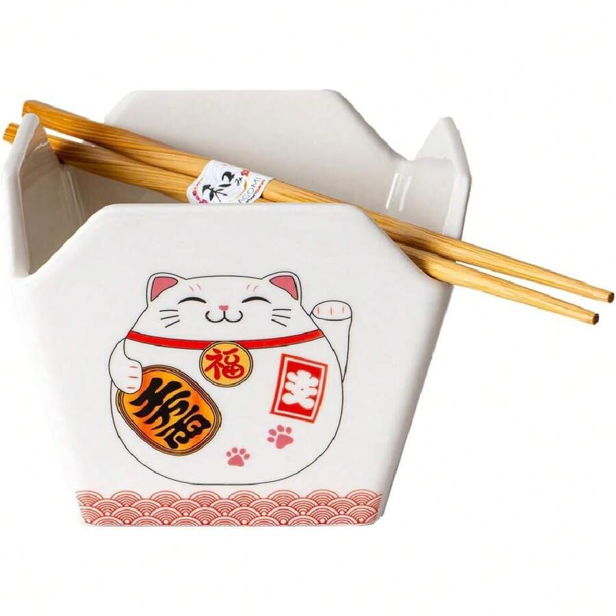 Chinese Takeout Box Style Porcelain Bowl With Chopsticks Lucky Cat Maneki Neko Design 18 Fl Oz Square Shape, Medium, White/Red, BCH54-100,26646695 - 青檸色 - 查看 1