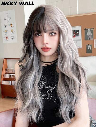 NICKY WALL Peluca larga de fibra sintética y alta densidad resistente al calor, con ondas grises plateadas y flequillo, con mechones negros resaltados en rosa, para mujeres y niñas para uso diario, fiestas, cosplay y Navidad, de 26 pulgadas