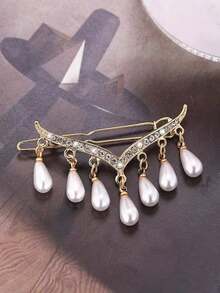 1pc V-Shape Rhinestone Tassel & Faux Pearl Hair Clip Claw Clips Hair Claws Hair Barrettes, Hair Accessories - Gold - View 2