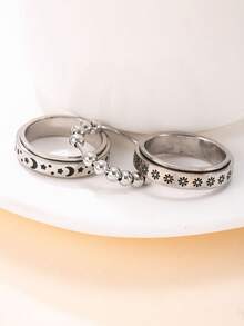 3pcs Fashionable Stainless Steel Rotatable Rings With Star & Moon/Silver Bead Design, Matching Daily Outfit Fidget Jewelry