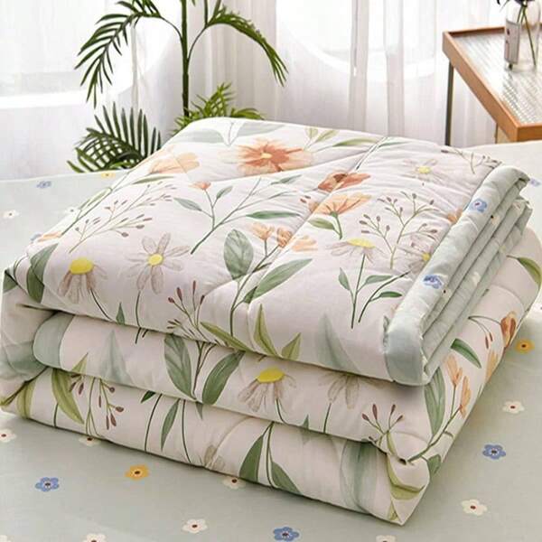 Quilted Bedspread Single Double Size, 180x200cm Green Floral Printed Pattern Bedding Coverlets Lightweight Summer Bed Throws Comforter Soft Luxury Sofa Blanket All Season