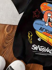 男童字母和滑板印花圆领短袖休闲T恤 - 黑色 - 查看 6