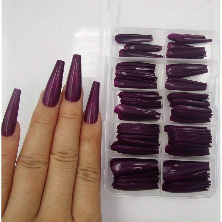 Colored Coffin Press On Nails Long Ballerina False Fake Nail Tips Full Cover Manicure Design Acrylic Nails 100pc For Women Teen FFgirls (Dark Grape){Inchcolor_nameinch:InchDarkGrapeinch} - 黑葡萄 - 查看 4