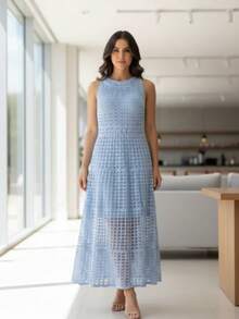 Lace Flared Dress, Beachwear, Elegant Style. - Màu xanh Cadet - Xem 3