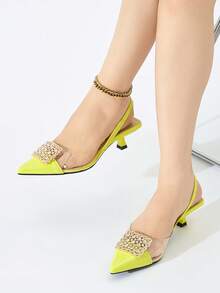 女士水钻装饰尖头露跟猫跟凉鞋，优雅舒适，适合秋冬季正式派对、婚礼、晚宴等场合，黄色高跟鞋，派对装扮，时尚鞋履 - 黃色 - 查看 3