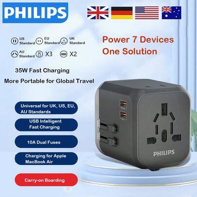 PHILIPS SPS1004B/93 35W PD Fast Charging Adapter Covers UK, US, Australia, And Japan Plugs, 3A2C Multi-Port Charging, Suitable For Travel And Office Use, Portable Design