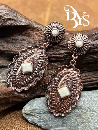 1 par de pendientes con forma de flor de estilo bohemio vintage con turquesa, diseño versátil adecuado para uso casual, joyería para todas las estaciones, adecuado para que las mujeres y niñas combinen con atuendos diarios, accesorios para fiestas, joyería, regalo para familiares/amigos/usted mismo