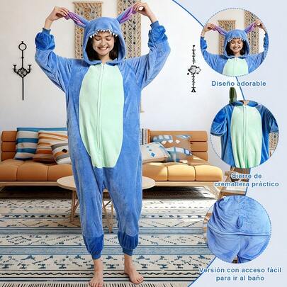 Pijama Entero Unisex de Pelo Suave, Azul Cartoon Con Capucha y Orejas, Disfraz de Halloween Navidad, Regalo para Parejas, Pijama Adulto Invierno