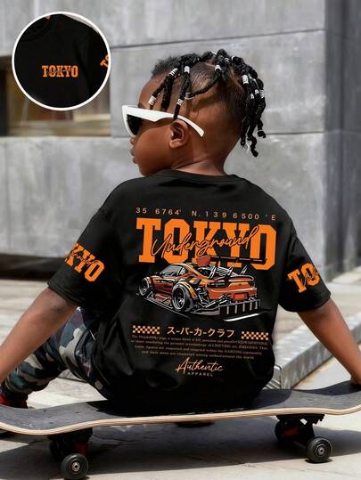 Young Boy Summer Casual Car Logo Print Short Sleeve T-Shirt
