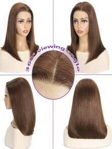 Tóc giả bob màu nâu nhạt, tóc thật, kiểu ren phía trước, đã tỉa sẵn, kích thước 13x4, mật độ 150, màu nâu sô cô la, tóc giả bob ngắn không cần keo, dài 16 inch. - S4 - Xem 3