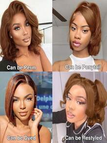 Tóc giả bob màu nâu nhạt, tóc thật, kiểu ren phía trước, đã tỉa sẵn, kích thước 13x4, mật độ 150, màu nâu sô cô la, tóc giả bob ngắn không cần keo, dài 16 inch. - S4 - Xem 8