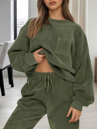 Plus Size/Curve Women's Solid Color Comfortable Round Neck Long Sleeve Top And Drawstring Long Pants Casual 2 Pieces Set