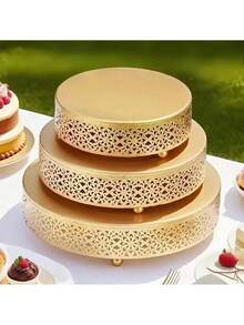 3-Piece Cake Stand Set Round Metal Cake Stands Dessert Display Cupcake Stands, Gold - Vàng - Xem 2