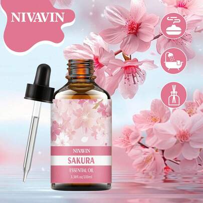  NIVAVIN 30ml/60ml/100ml Sakura eterisk olja, blommigt växtextrakt, långvarig och fräsch, lämplig för ansikte, kropp, händer och fötter, även för aromdiffusor, massage, multifunktionell, bärbar flaskdesign, perfekt present till jul, Halloween, påsk