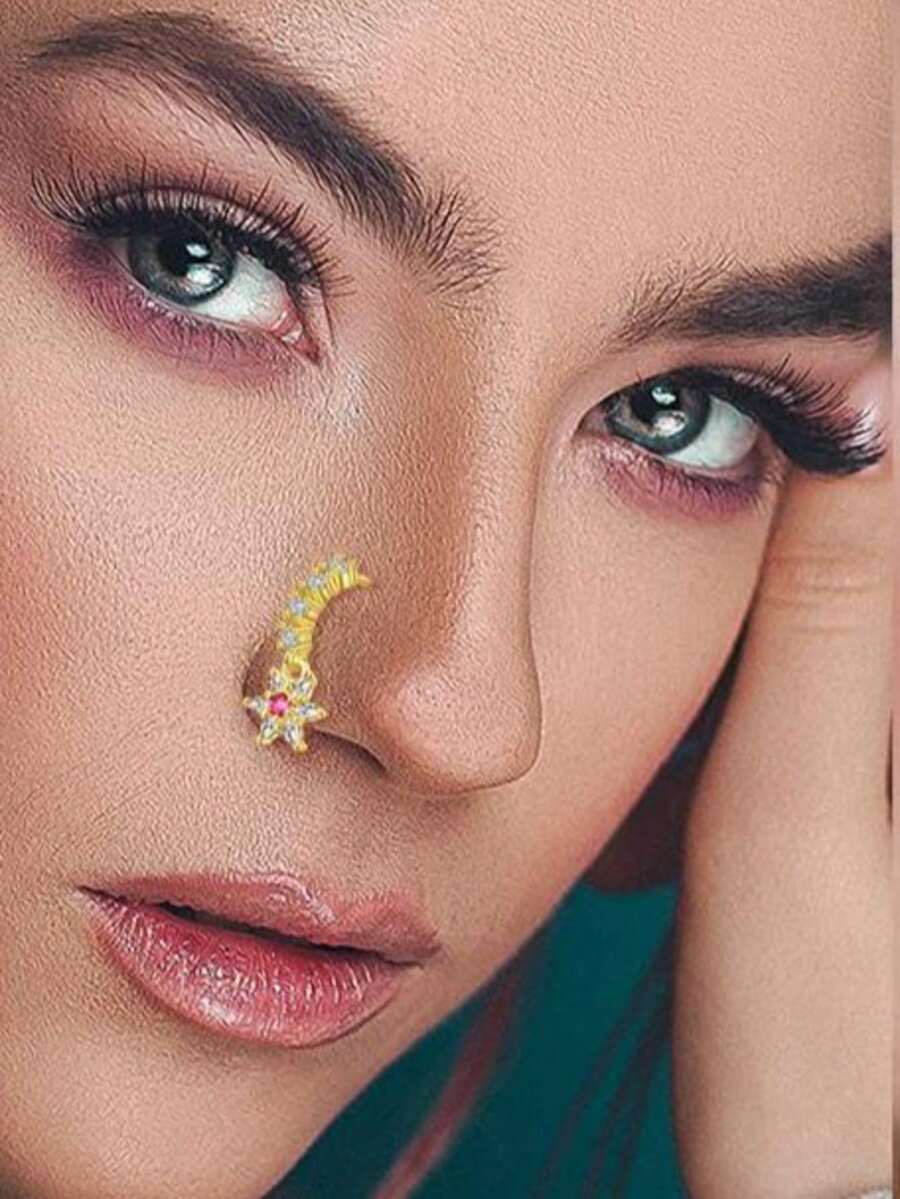 1 件套时尚多色星形吊坠鼻环 - 方晶锆石镶嵌粉色和透明宝石细节，适合日常和节日庆祝