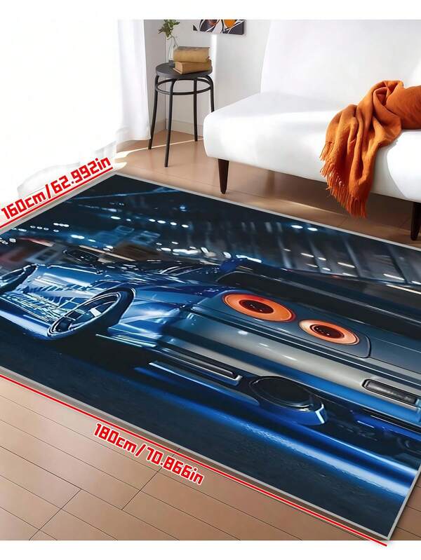 Luxury Blue Sports Car Area Rug - Non-Slip, Machine Washable Polyester, Suitable For Living Room, Bedroom, Bar And Youth Room