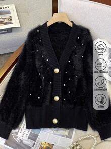 Stylish Fur Trim Rhinestone Embellished Cardigan, Suitable For Autumn/Winter Black - Black - View 4