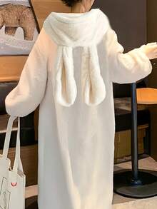 女士舒适抓绒连帽睡袍 - 可爱兔子图案，长袖，纽扣前襟，带口袋，可机洗 - 秋冬季完美之选